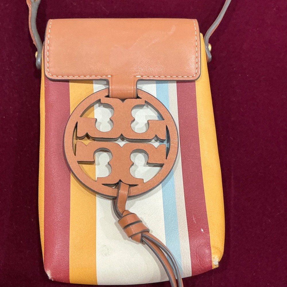 Tory Burch Miller Striped Leather Phone Crossbody Bag Tan Orange Pink Blue White